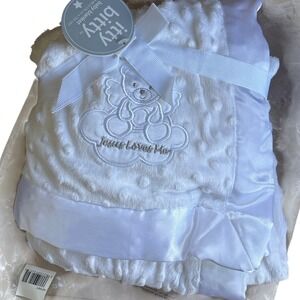 Baby Blanket White Jesus Loves Me Embroidered Teddy Bear Satin Trim NEW